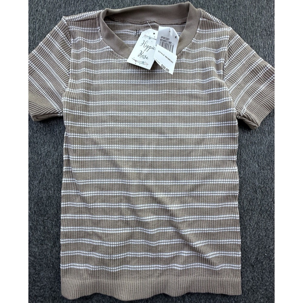 Hippie Rose Shirt Womens Small Mocha Brown White Striped Ribbed Stretch New‎